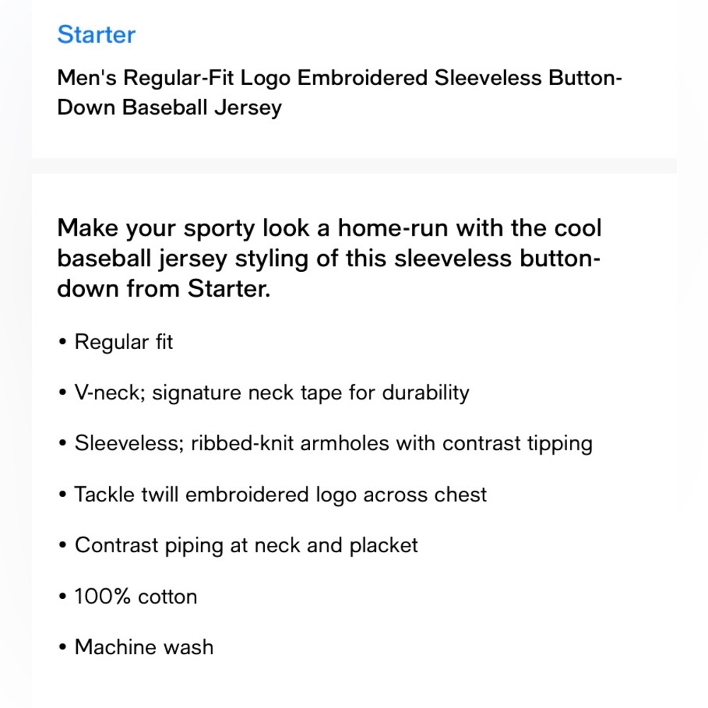 Starter Men's Logo Embroidered Sleeveless Button-Down Baseball Jersey Black- NWT - Picture 5 of 5